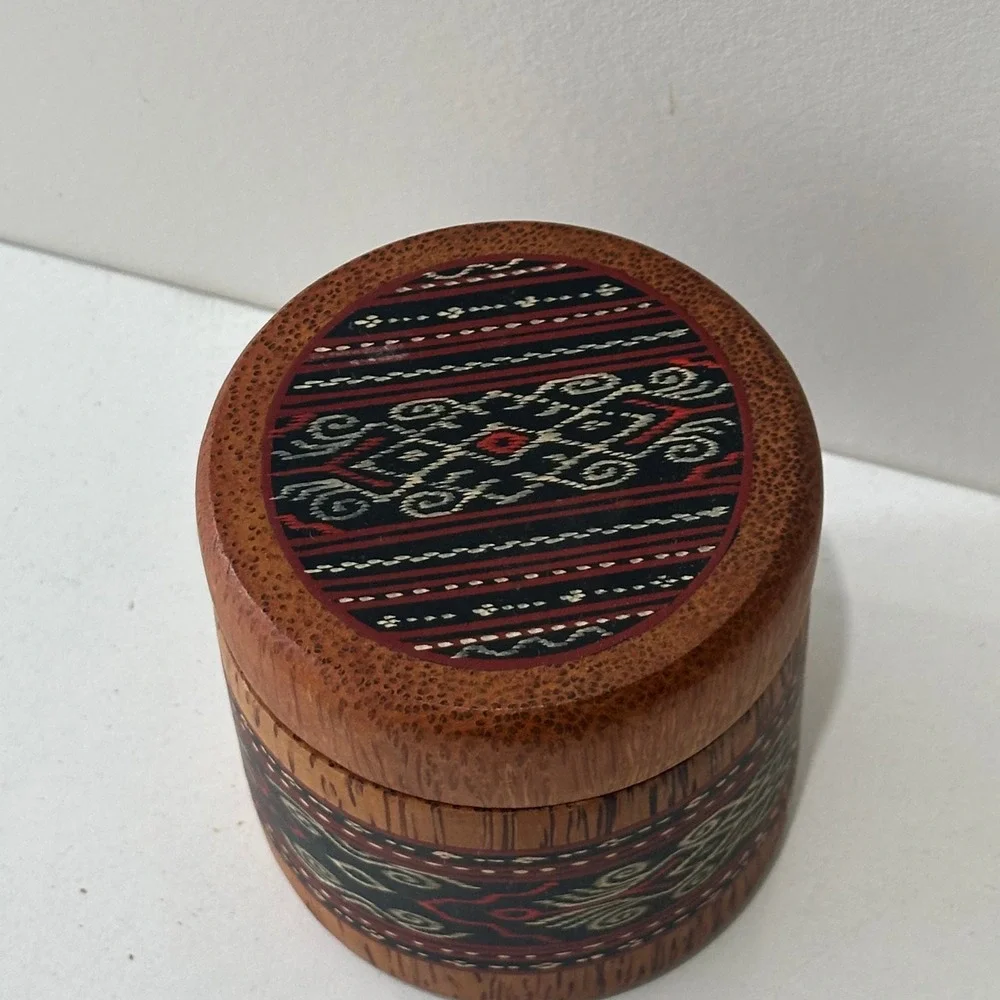 Vintage Wooden Trinket Box Match Holder Ornate Textile Inlay Lid Container‎